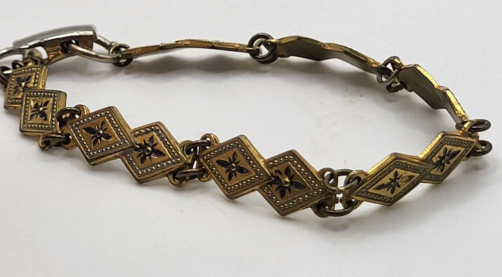 Vintage Spanish Toledo Damascene Bracelet Gold Tone Black Enamel Diamond Link